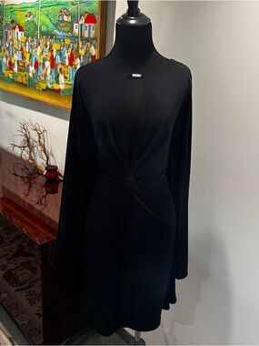 Halston Heritage Black Cape-Sleeve Twist-Waist Dress